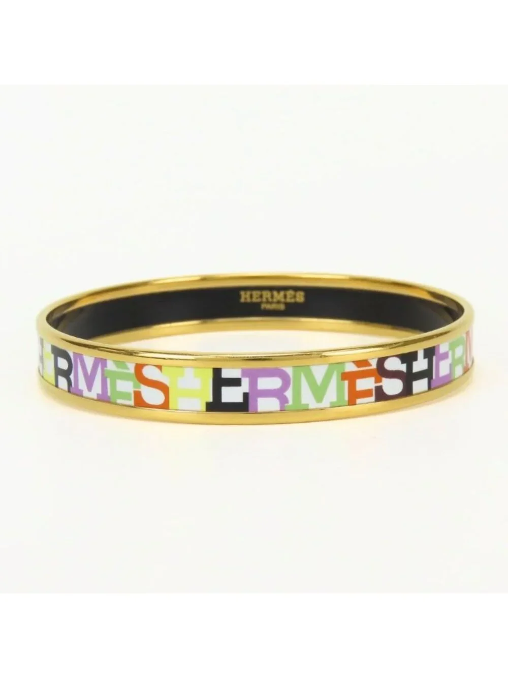 Hermes Bangle Enamel PM Metal White Multicolor Gold Cloisonne Bracelet